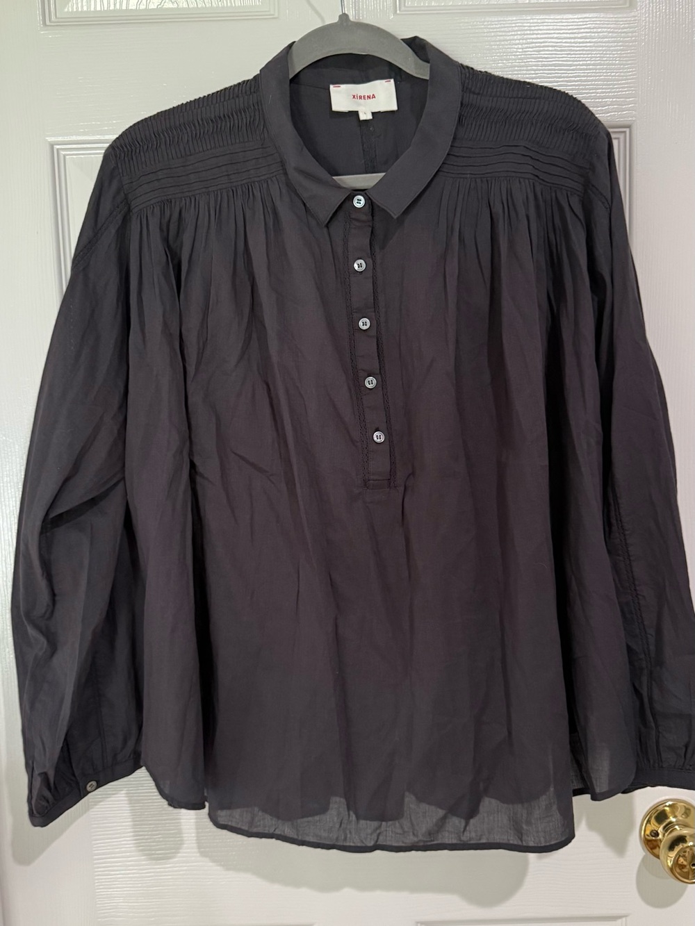 XIRENA Gray Button-Front Pintuck Blouse